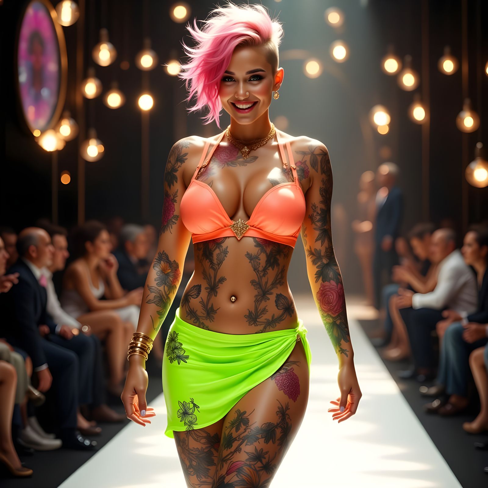 Fashion Model Struts Runway in Neon Miniskirt