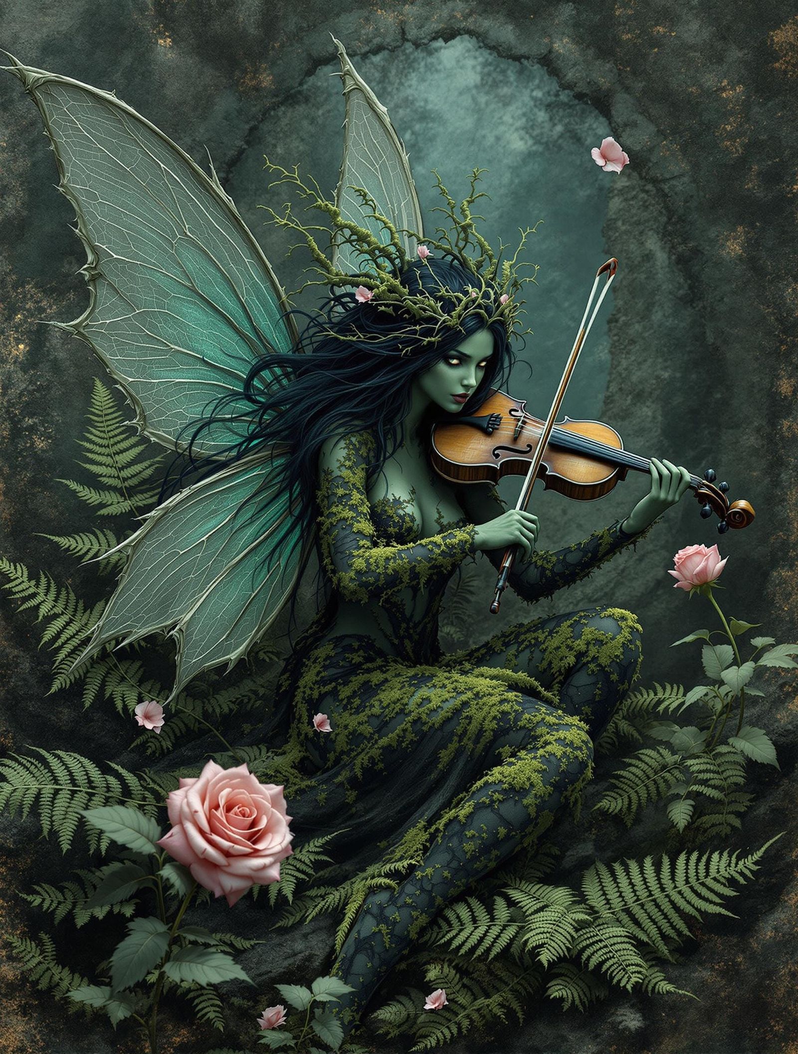 Ethereal Fairy in Ruinous Garden with Fossilized Ferns