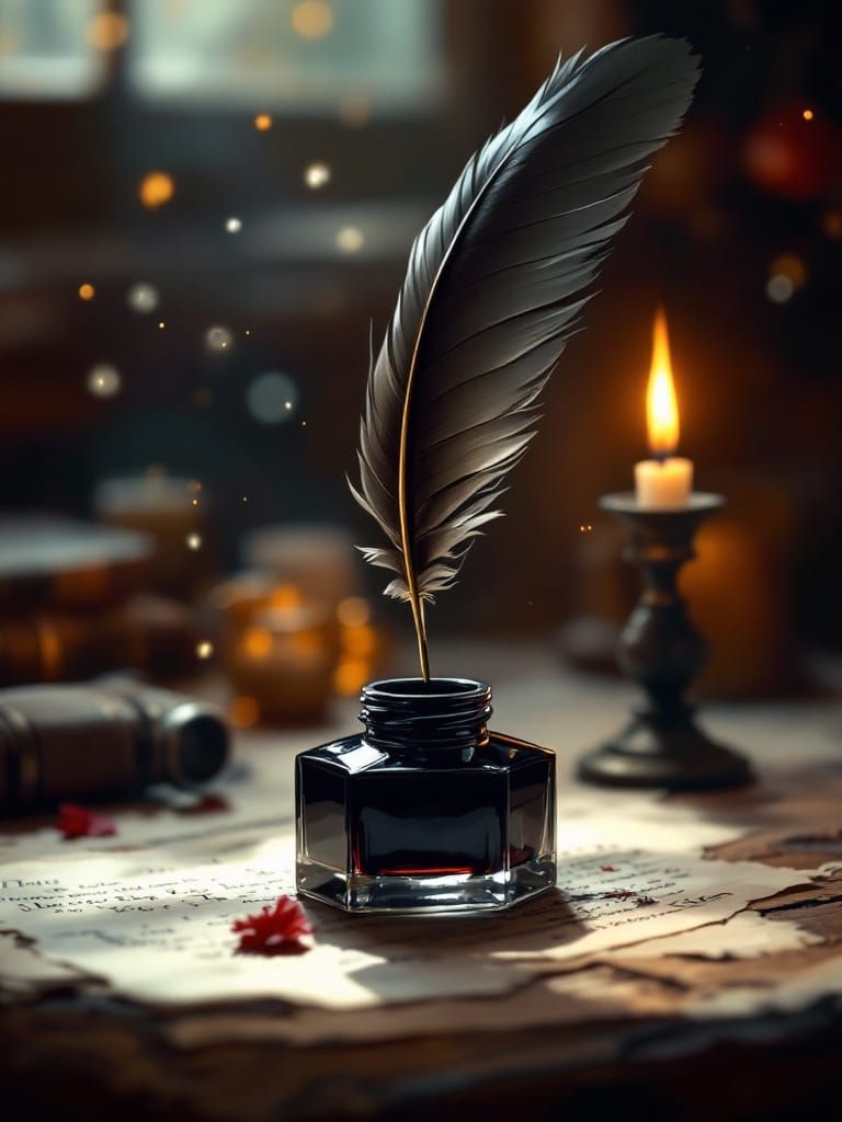 Quill Pen and Inkwell on Desk: Realistic Oil Painting