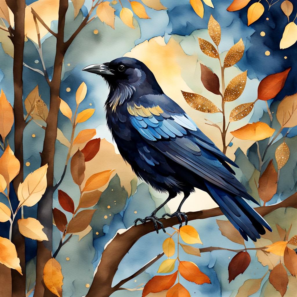 Collaged Crow on Autumn Branch in Watercolor Gouache