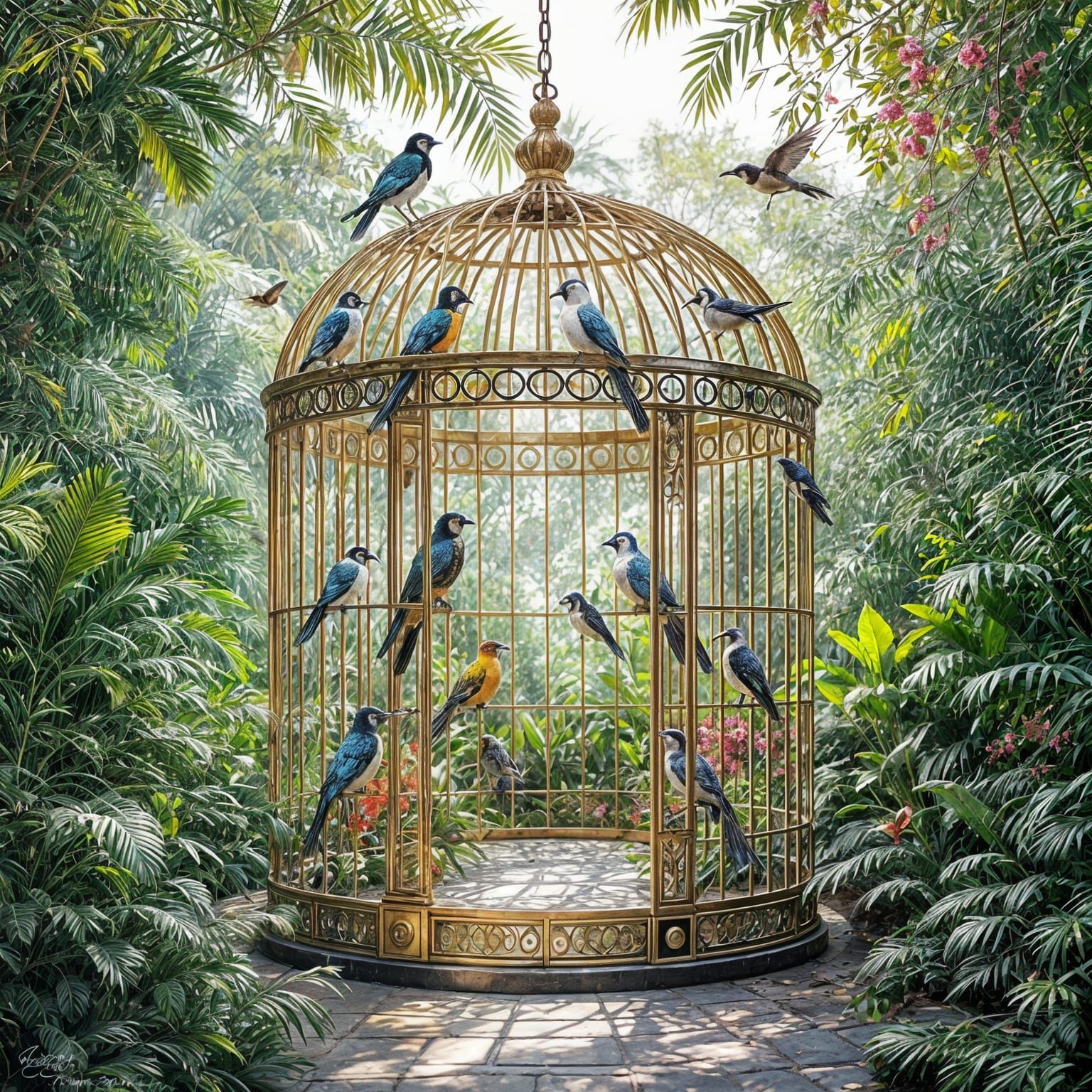 Exotic Garden Paradise Inside a Giant Ornate Birdcage