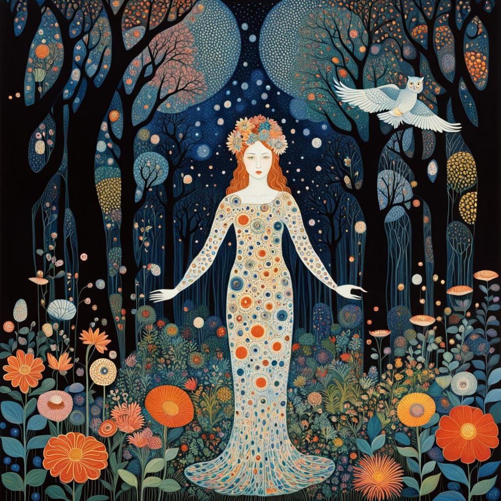 Goddess of Blooms Emerges from Dark Forest in Vibrant Floral...