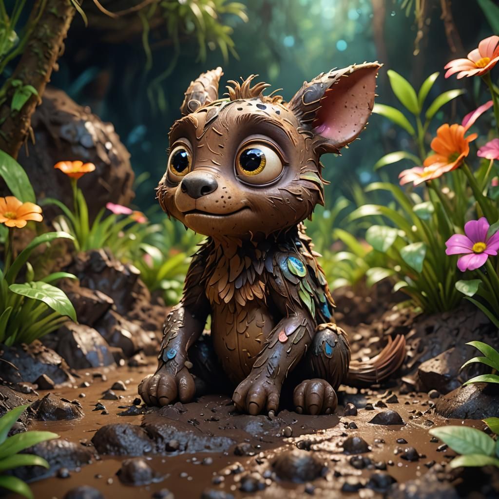 Muddy Anime-Eyed Creature in Lush Environment