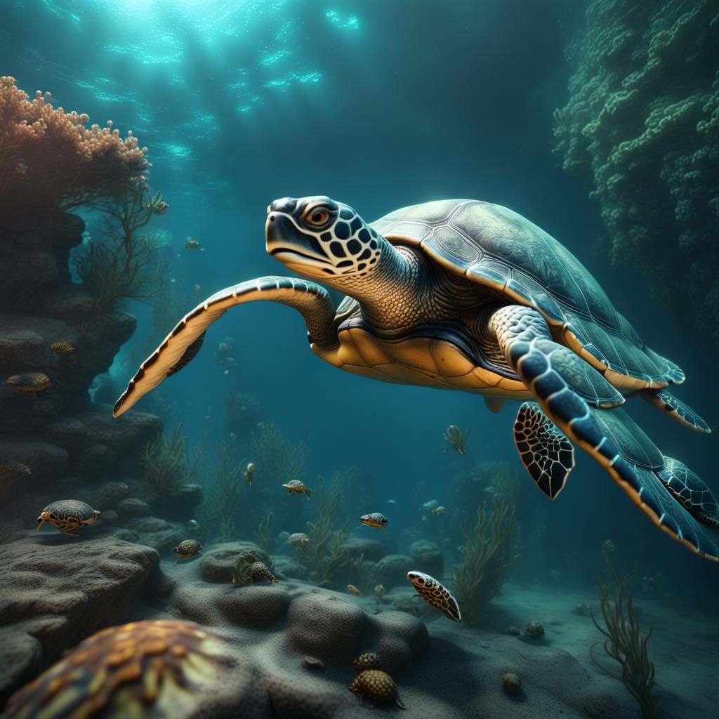 Underwater Turtles in Detailed Fantasy Art