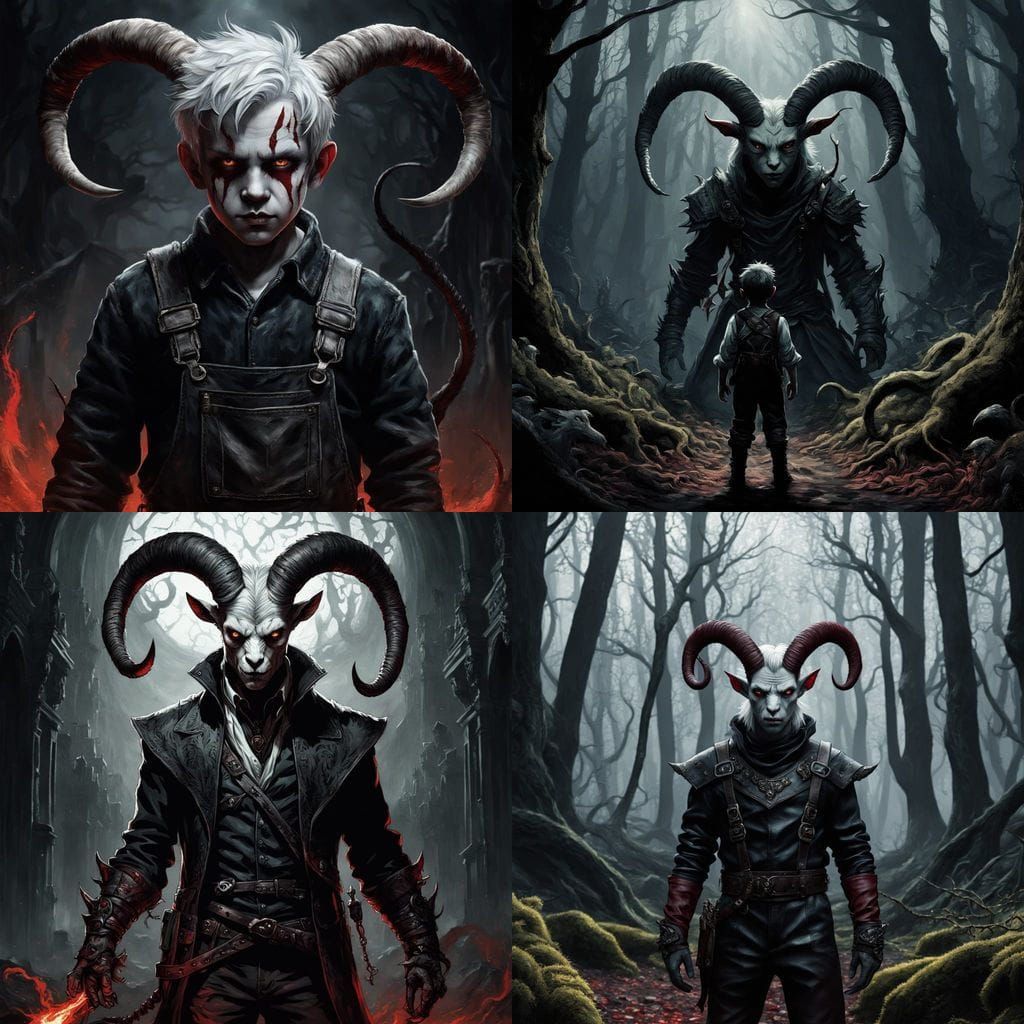 Tiefling Child with Goat Horns in Leather Overalls