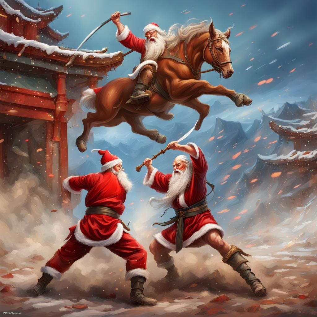 Santa Claus in Wuxia Fight: Hyperrealistic Splash Art