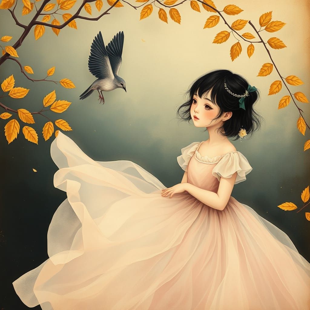 Kawaii Art. Romantic Portrait of a Melancholy Girl