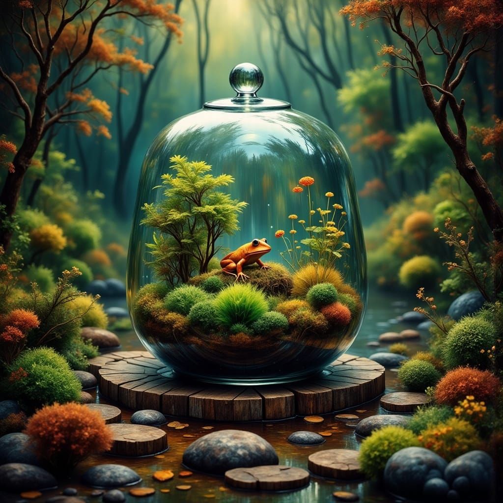 Dark Forest Terrarium with Baby Frog and Vibrant Colors