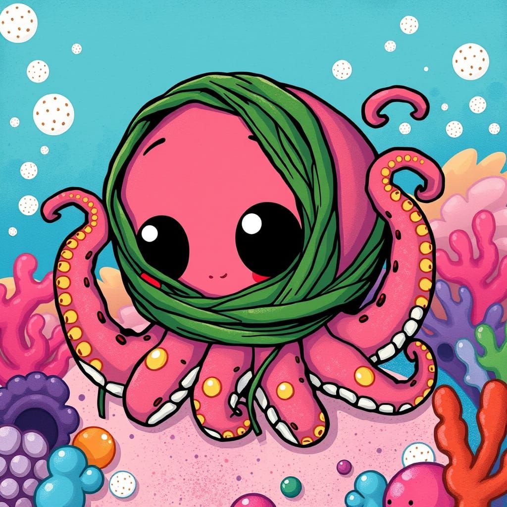 Playful Chibi Kraken in Pastel Ocean Setting