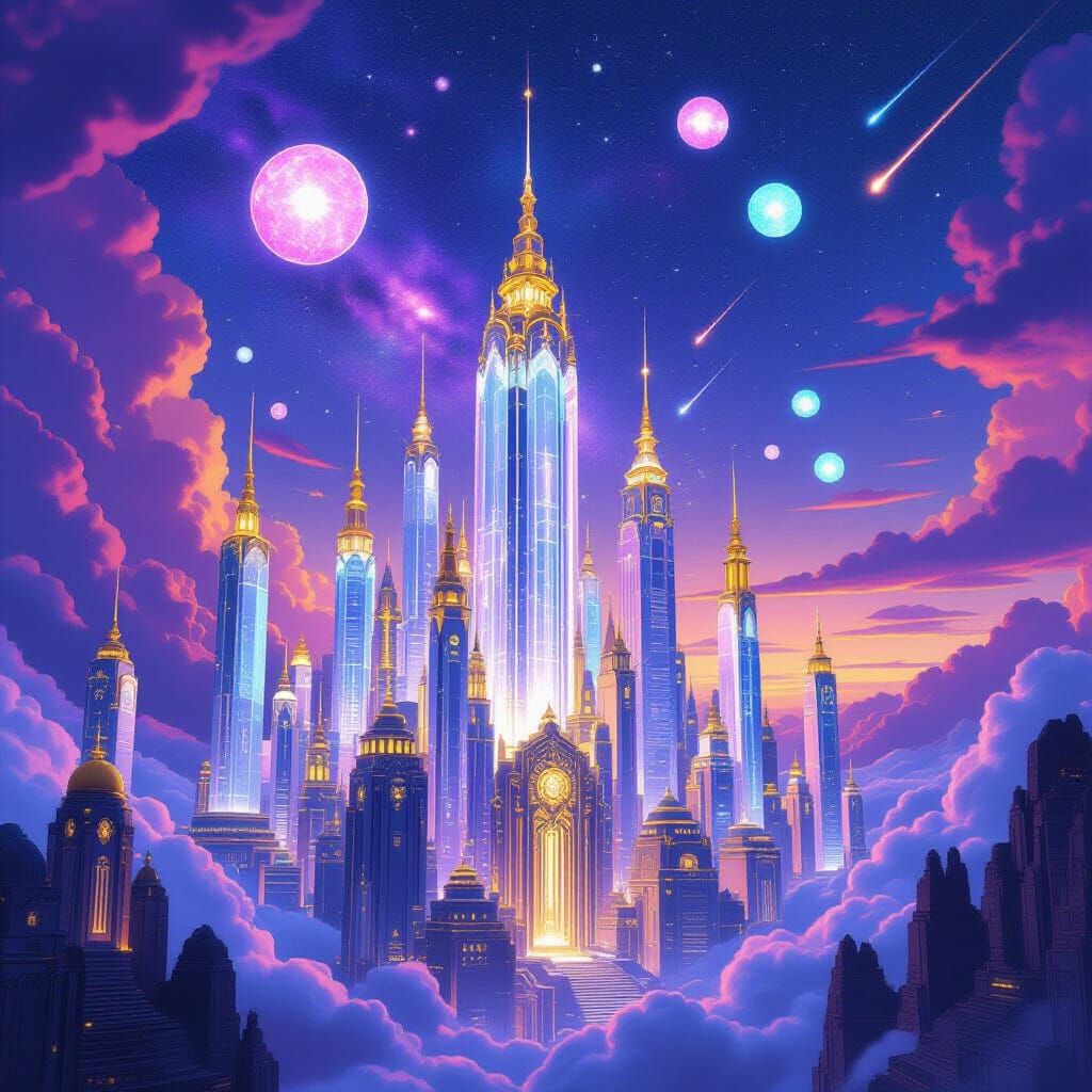 Surreal Fantasy City with Crystal Towers and Cosmic Sky