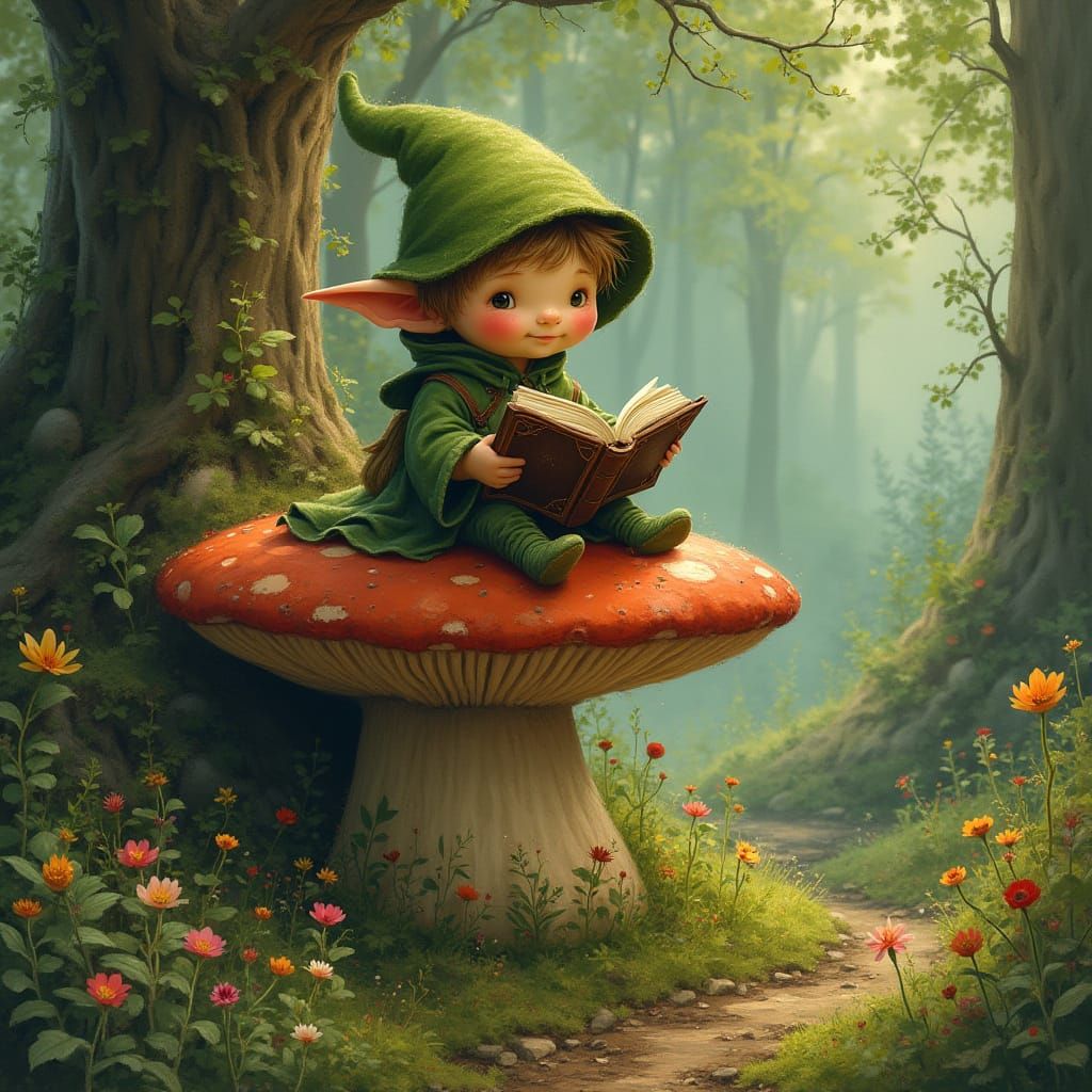 Sprite Reading Book in Forest, Arthur Rackham Style