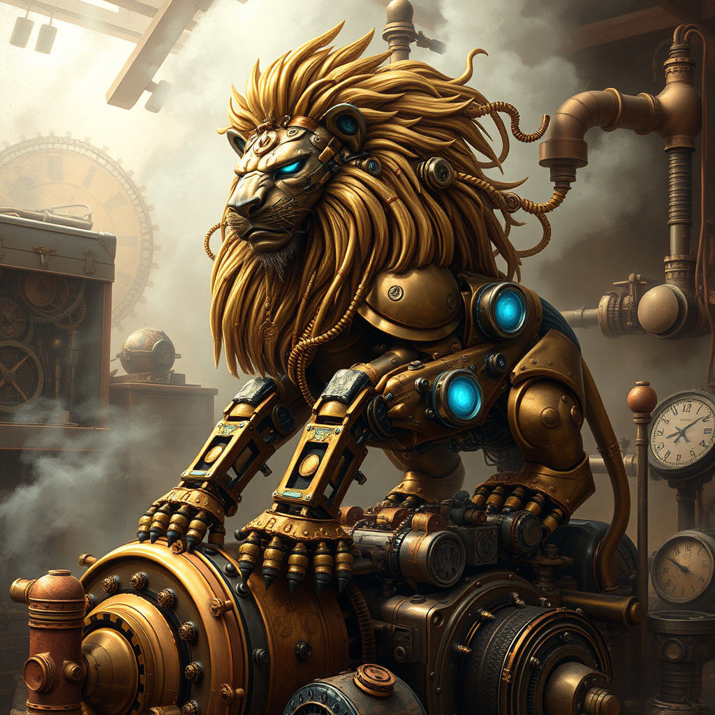 Steampunk Robot Lion in Industrial Sci-Fi Style