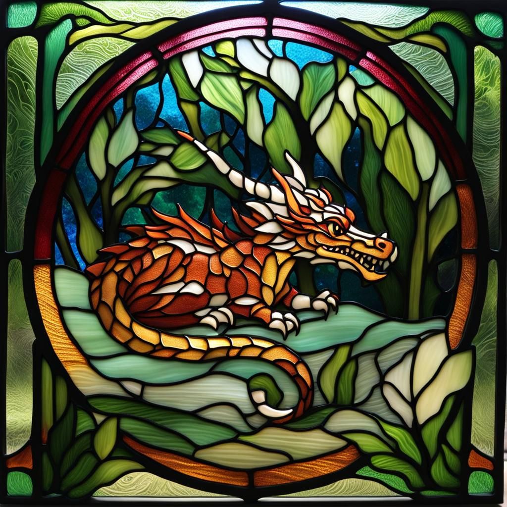 Sleeping Dragon in Enchanted Forest: Stained Glass Art