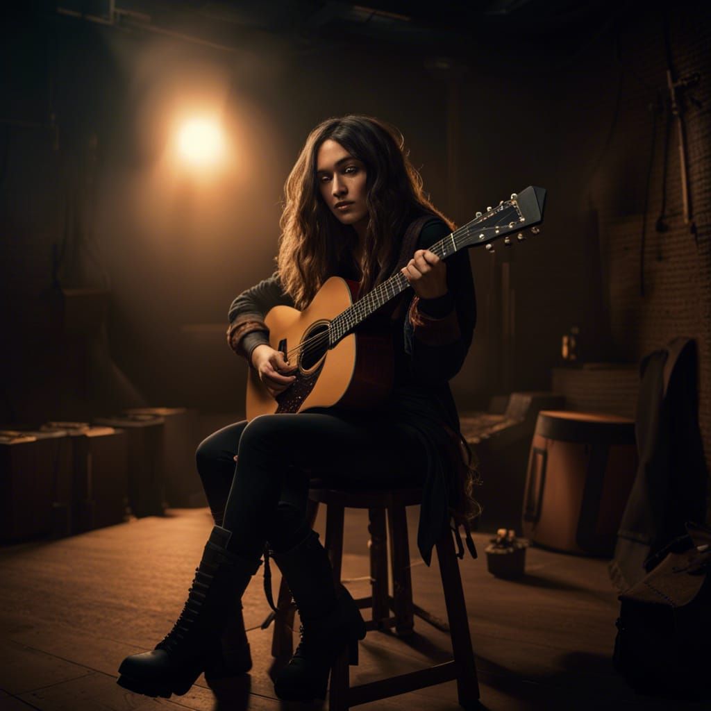Rachel Zegler: Bohemian Guitarist in Dark Academia Style