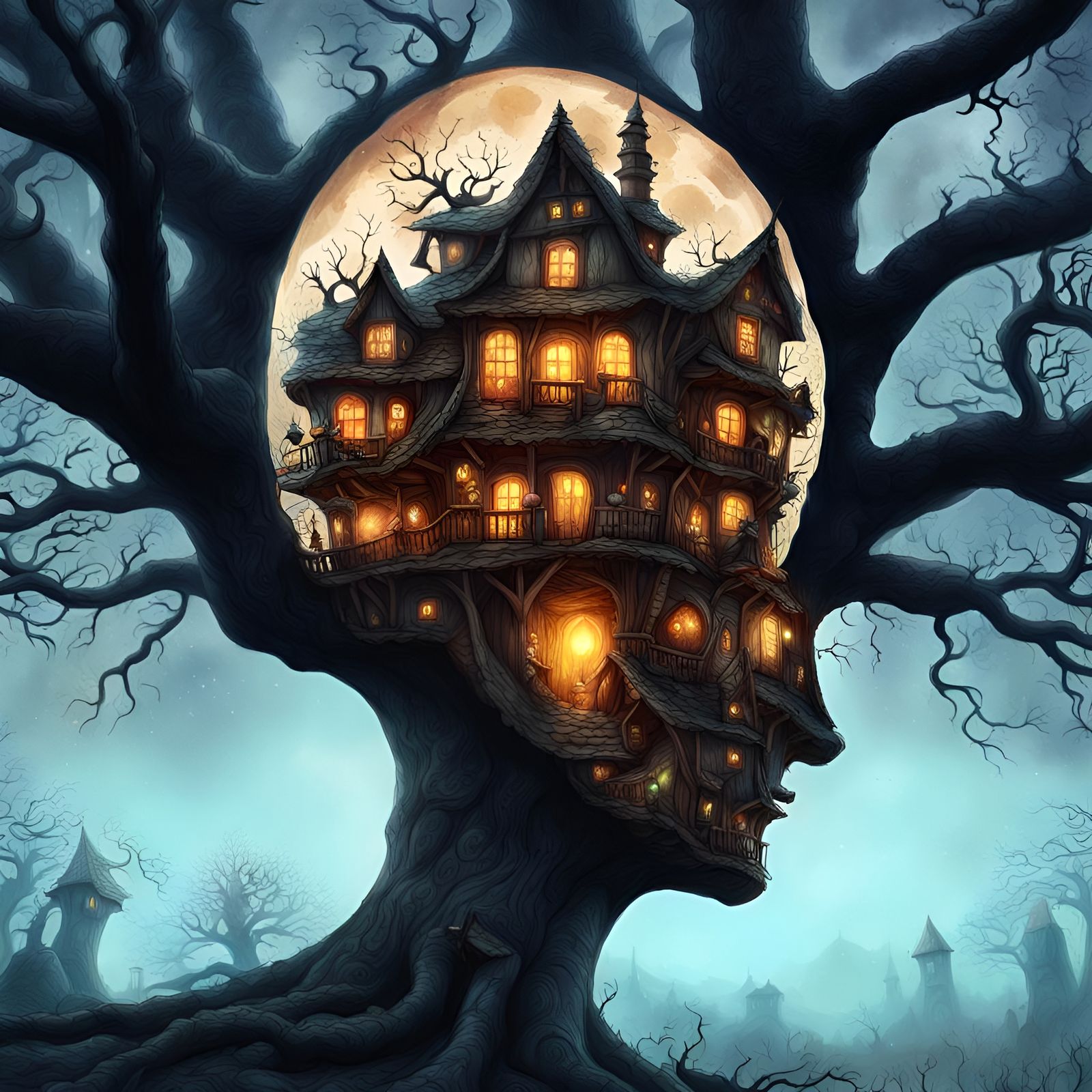in a haunted village, in a haunted tree..