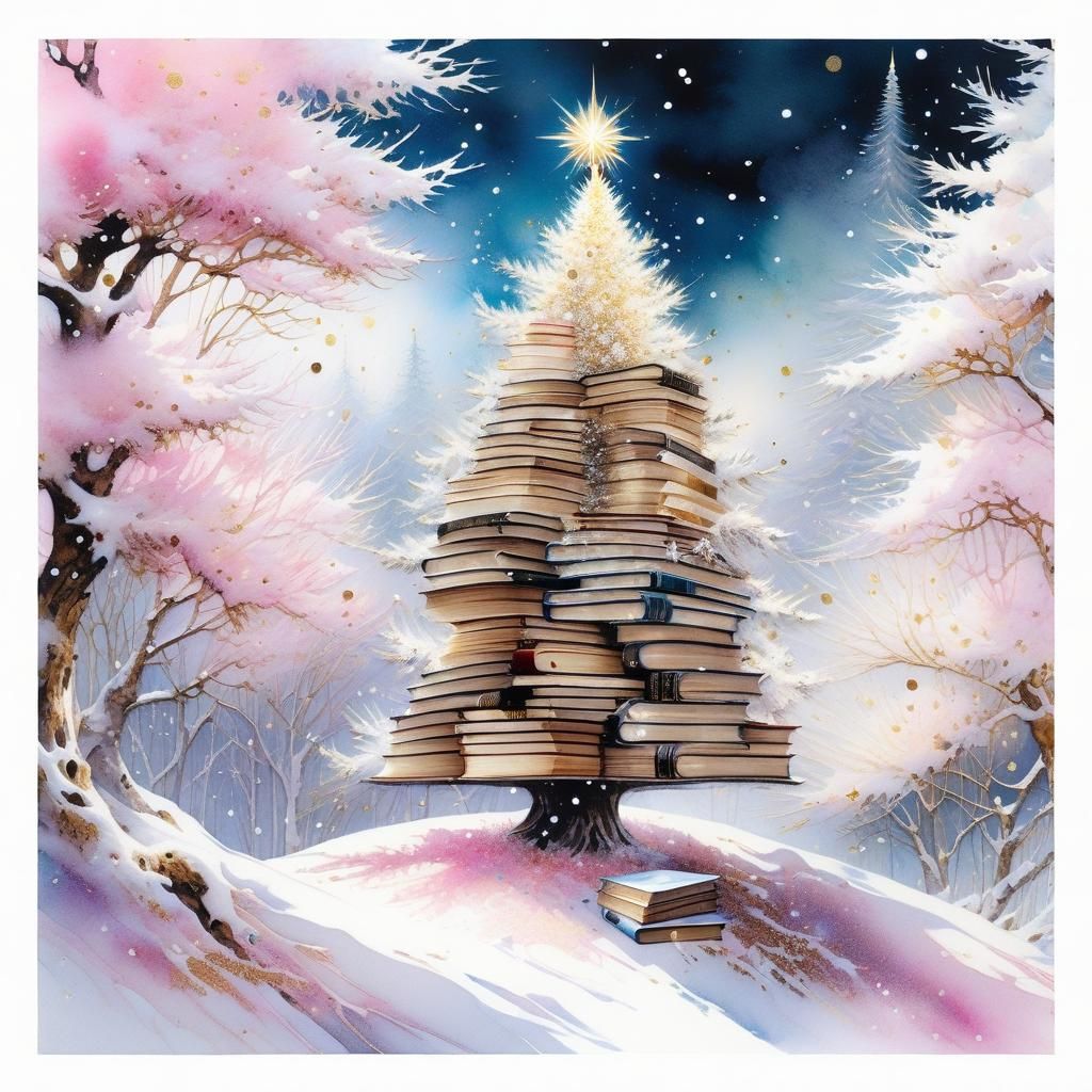 Book Christmas Tree in Watercolor and Ink