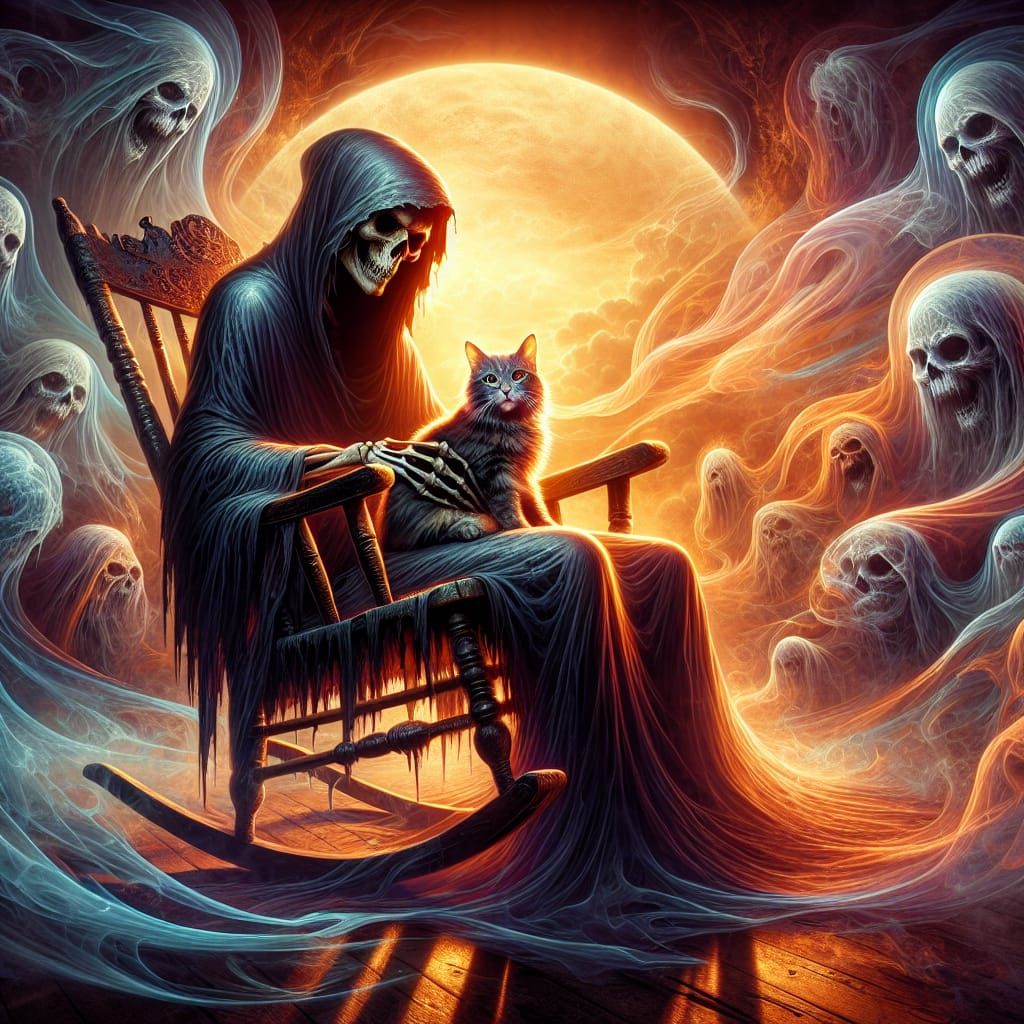 Grim Reaper Petting a Cat in a Misty Landscape