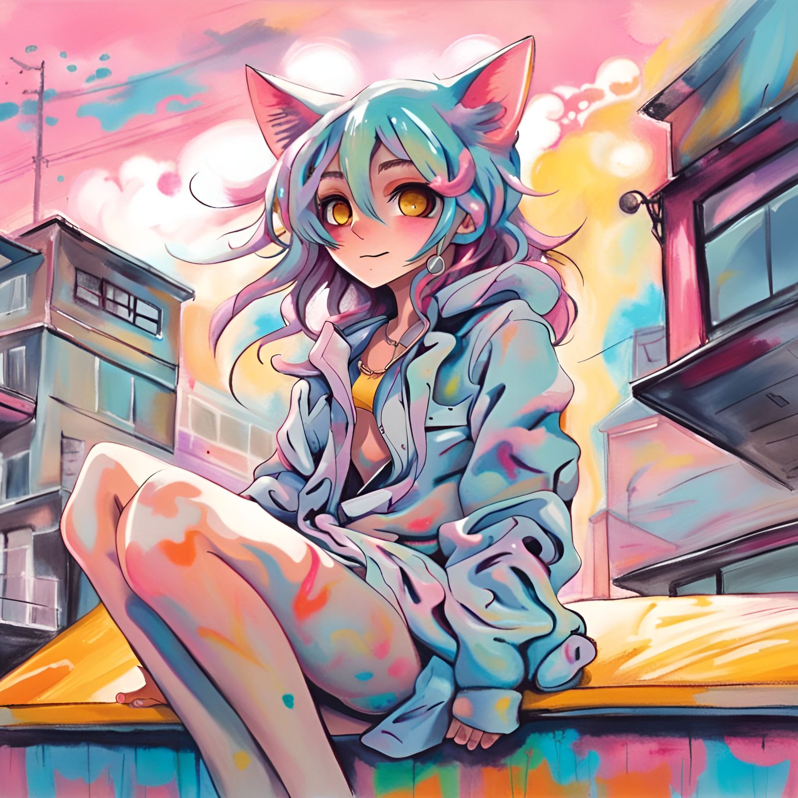 Pastel Anime Catgirl Lounging in the Sun: Graffiti Art