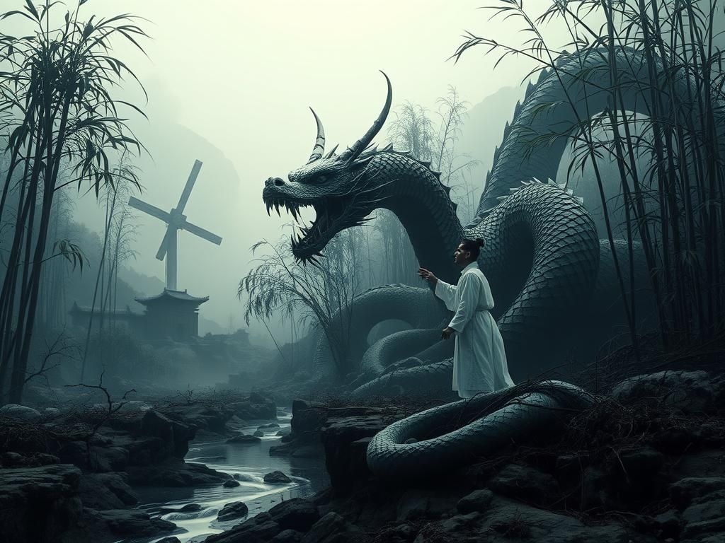 Ancient China: Dragon and Taoist in Dark Landscape