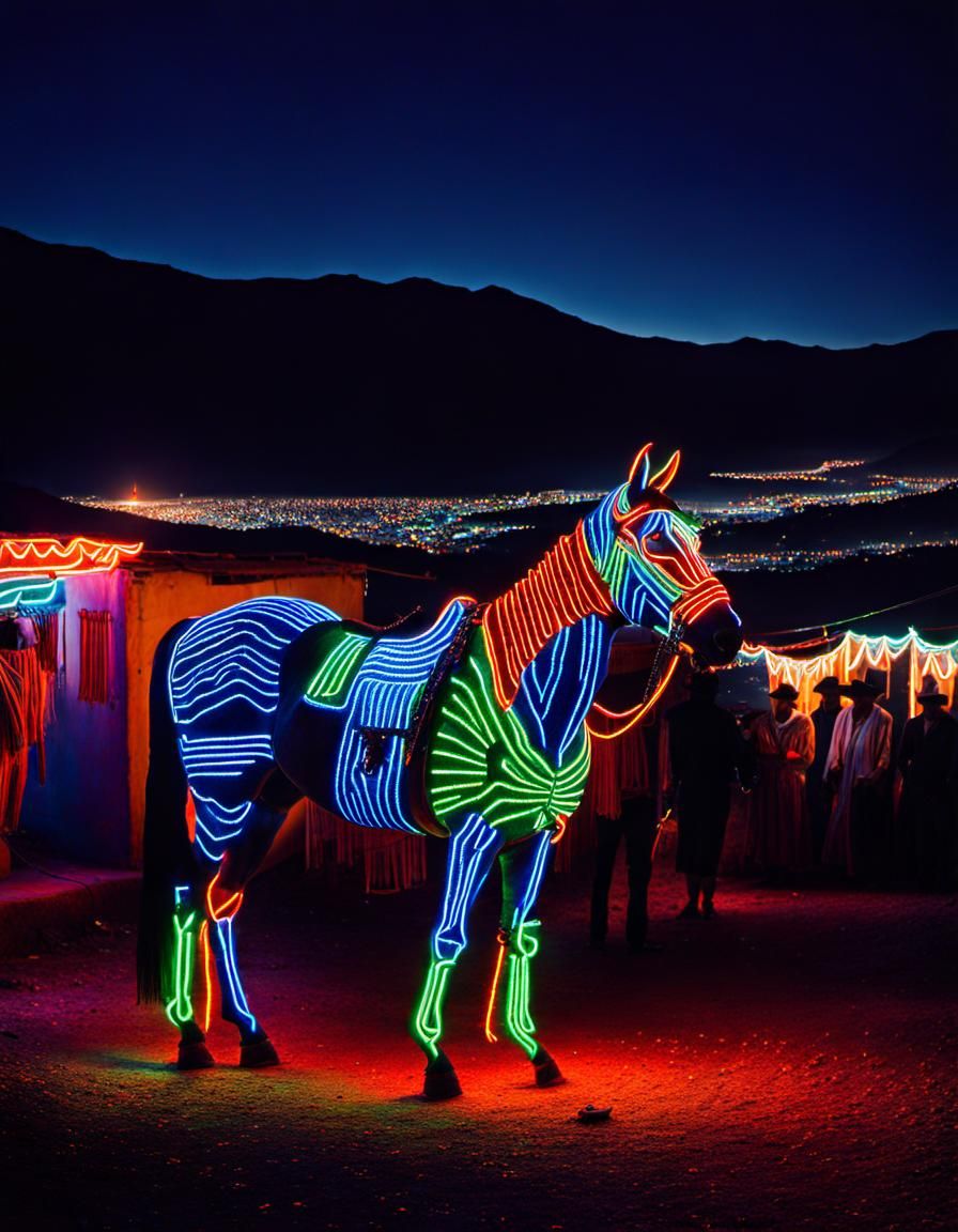 Astral Neon Cowboy in City, Huichol Assemblage