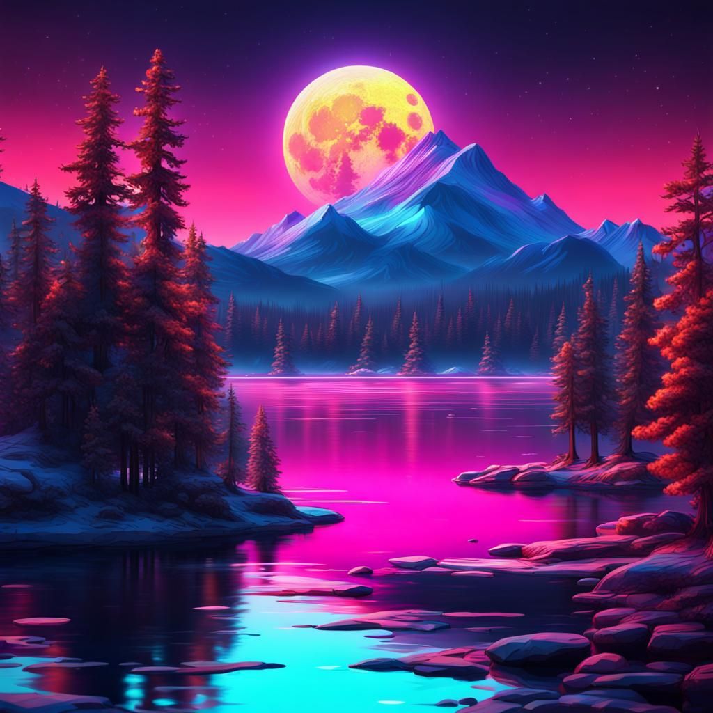 Hyperrealistic Neon Moon Over Lake and Mountains