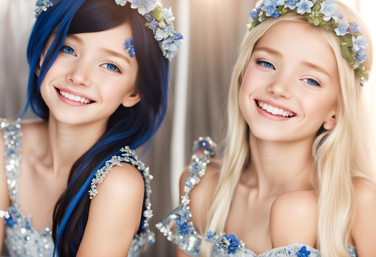 Mirrored Silver Princesses with Blue Flower Crowns
