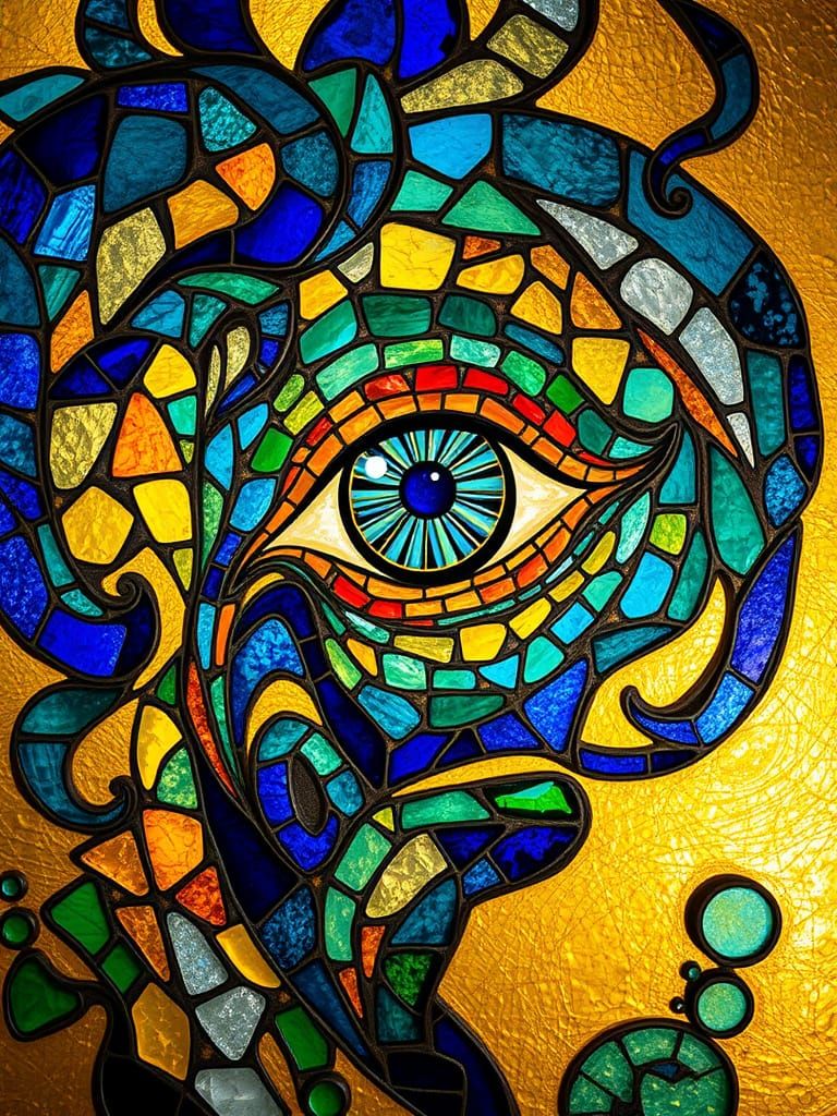 Bright glass mosaic of an eye