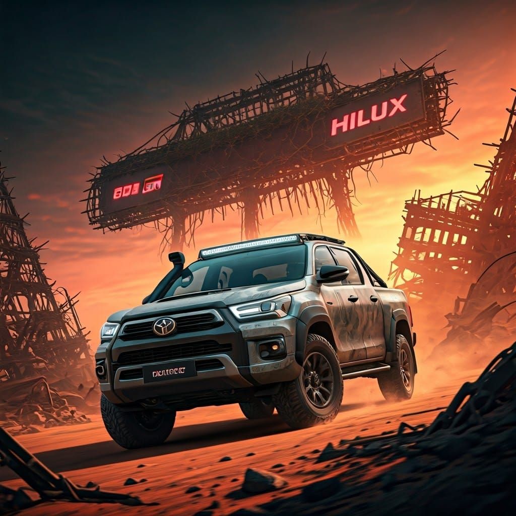 Toyota Hilux GR Sport in Dystopian Cyberpunk Landscape