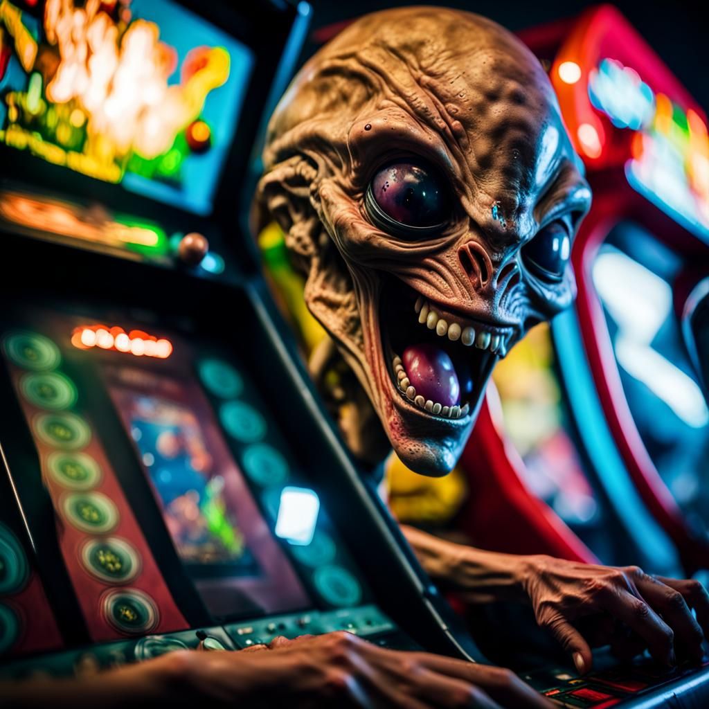 Scary Alien Laughing at Arcade Game: Hyperrealistic Portrait