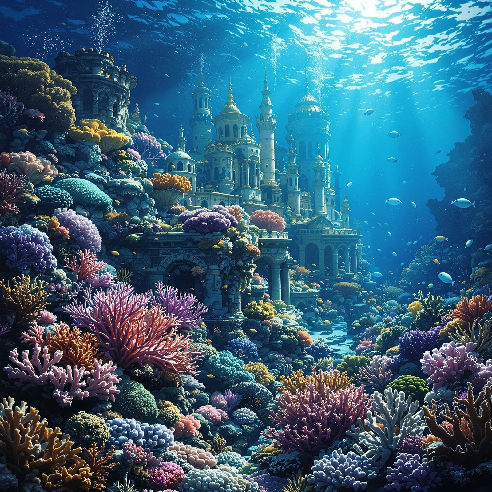 Majestic Underwater City of Atlantis in Vibrant Coral Hues