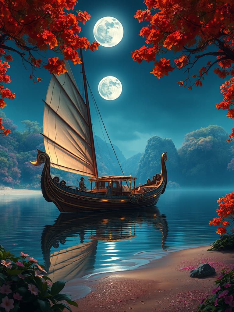 Majestic Boat in Serene Lagoon at Moonlight