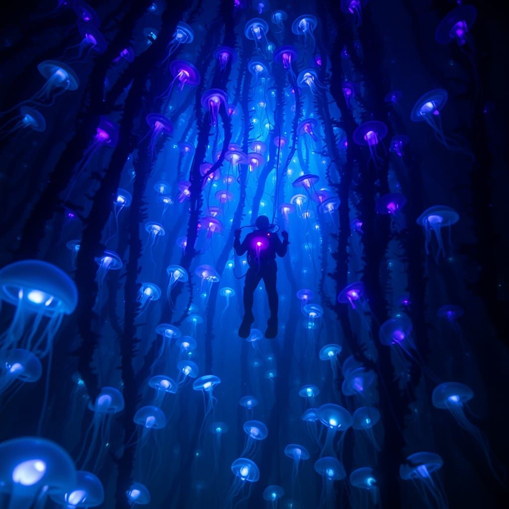 Bioluminescent Jellyfish Illuminate Kelp Forest