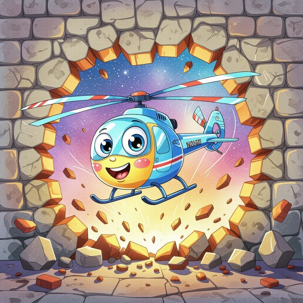 Cute Cartoon Helicopter Breaks Through Wall in Galaxy Sky