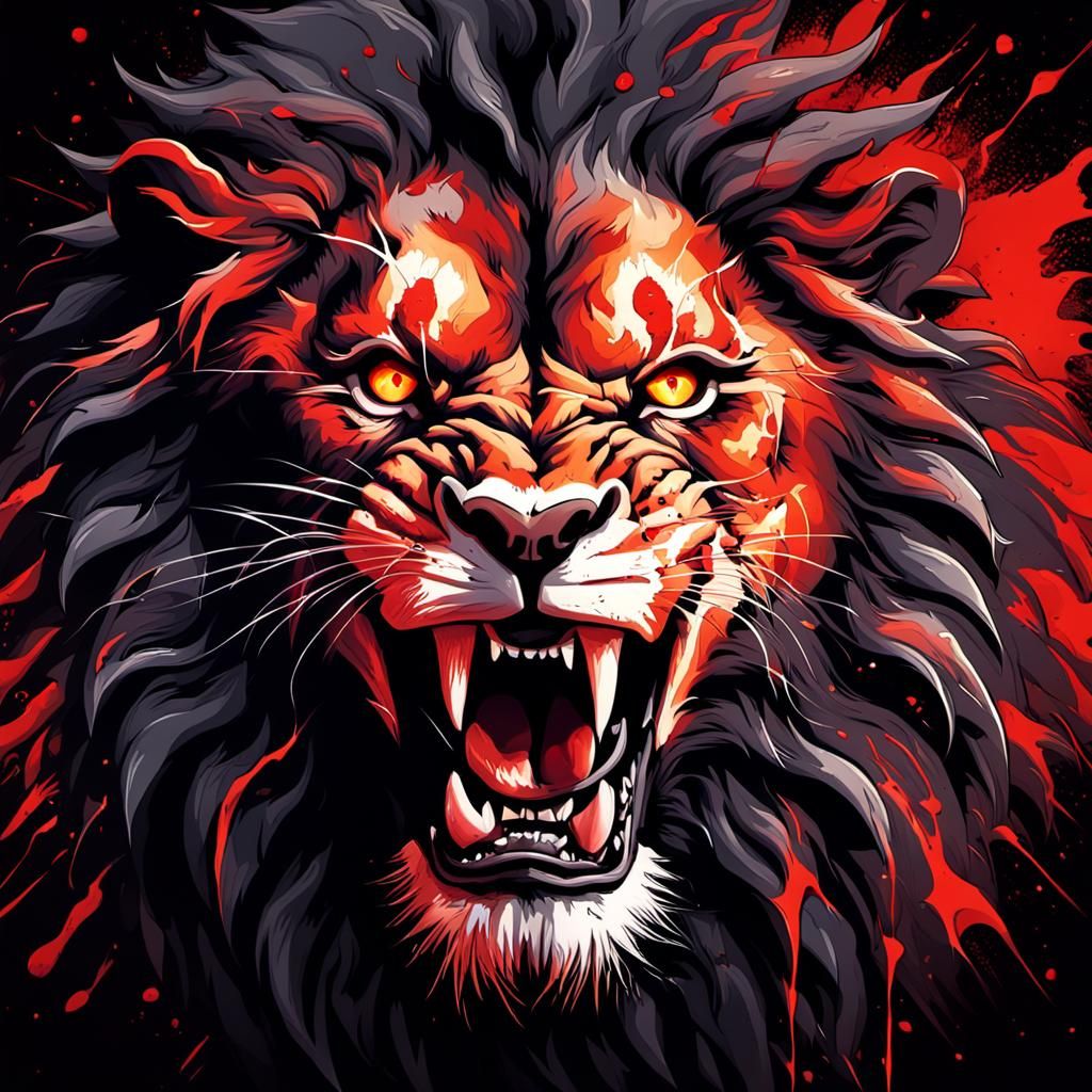 Menacing Lion with Glowing Eyes in Detailed Matte Painting