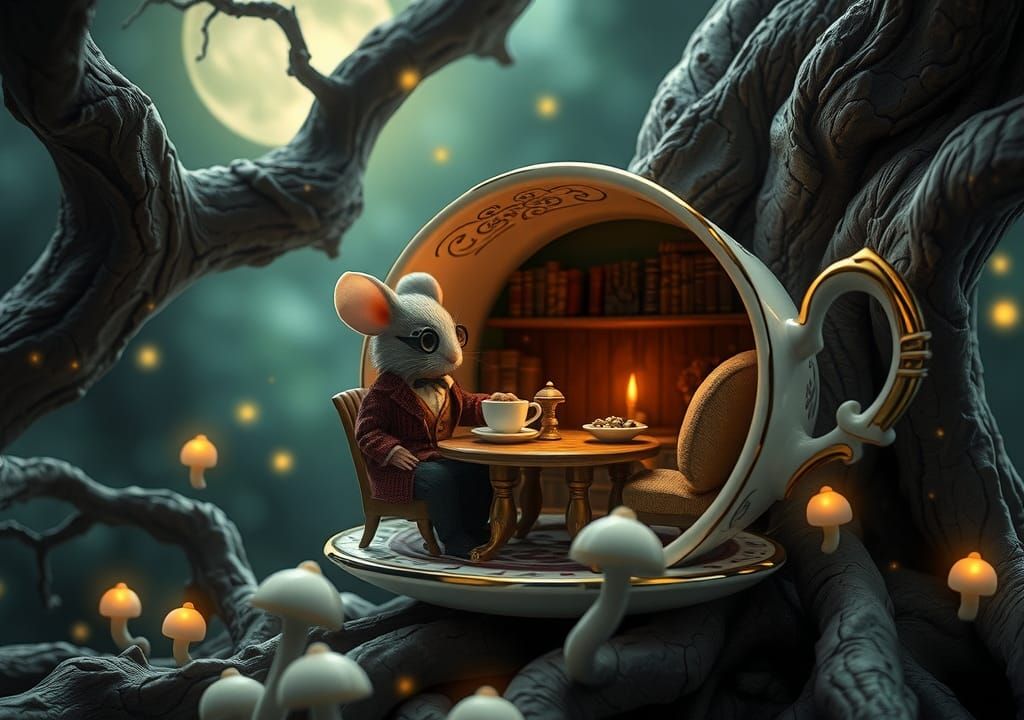 Mouse Tea Party in Enchanted Forest Teacup Home