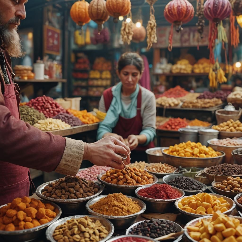 Ordering Khlav Kalash at a Colorful Market Stall