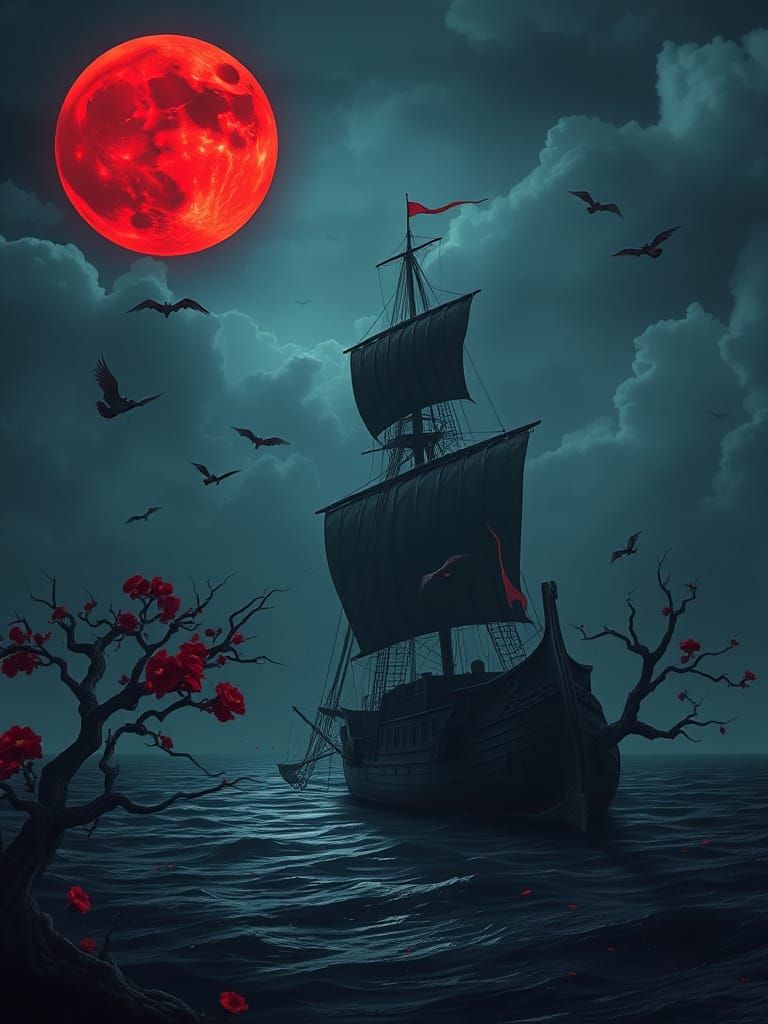 Viking Ship Under Red Moon in Dark Fantasy Style