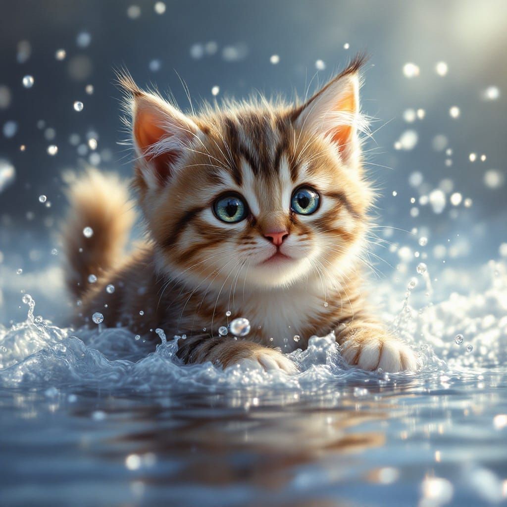 Whimsical Wet Kitten in Misty Fantasy Scene