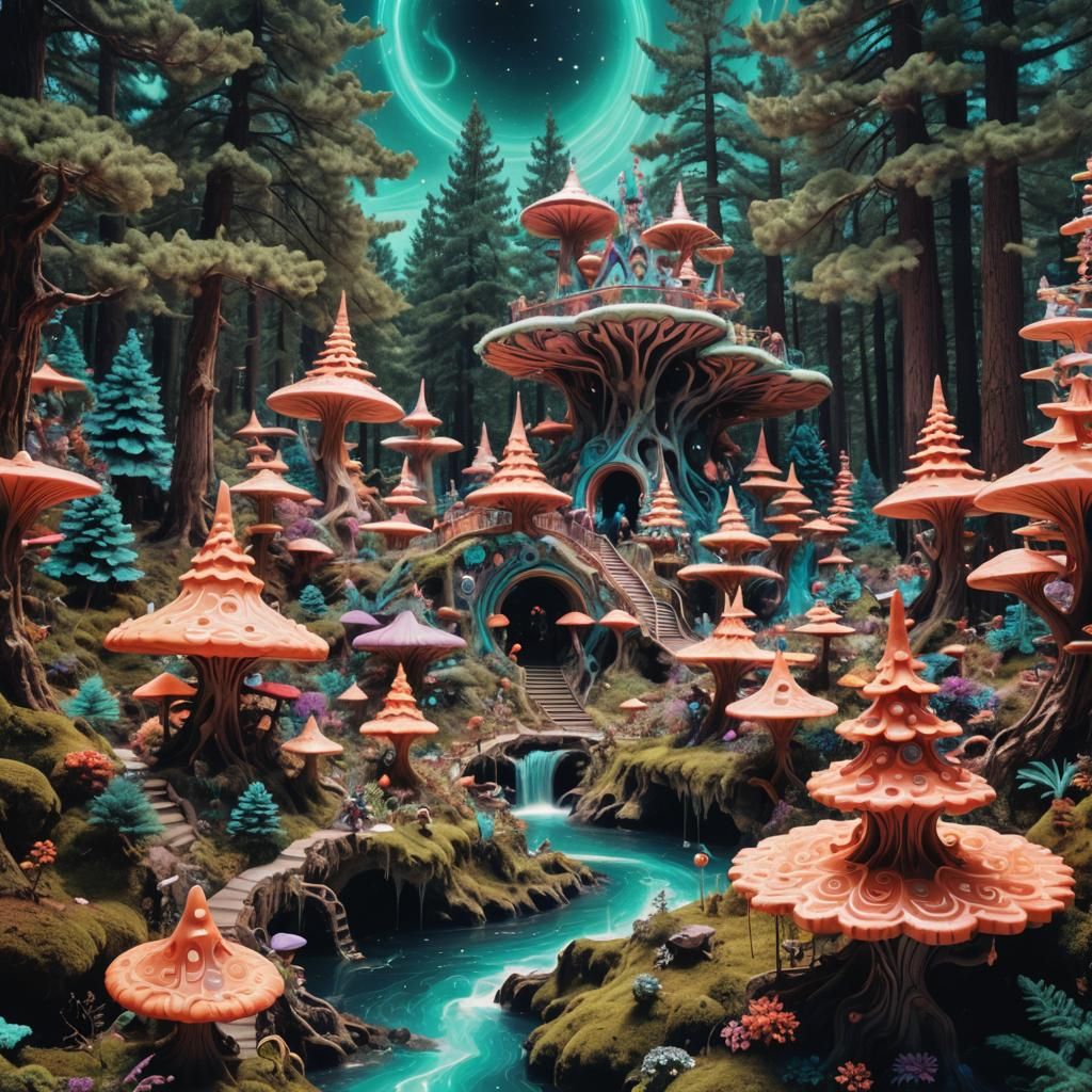 Psychedelic Liminal World with Gnomes and Fairies