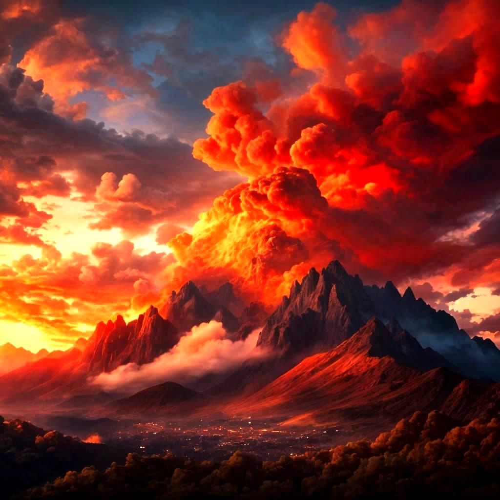 Dramatic Sunset with Phoenix Cloud, Impasto Style