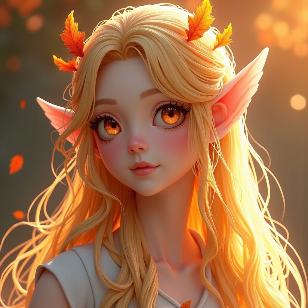 Radiant Elf Woman with Golden Hair and Autumn Flames