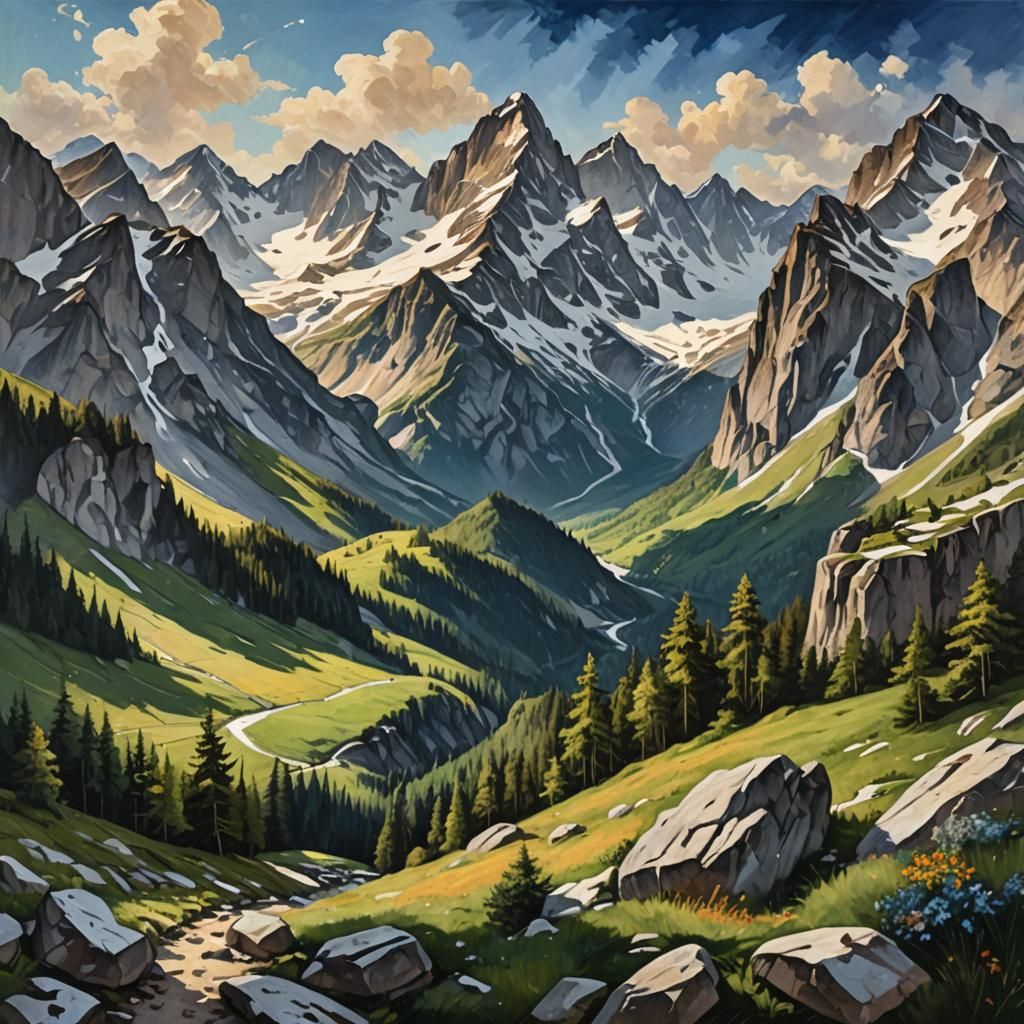 Majestic Mountain Peaks Landscape Oil Painting