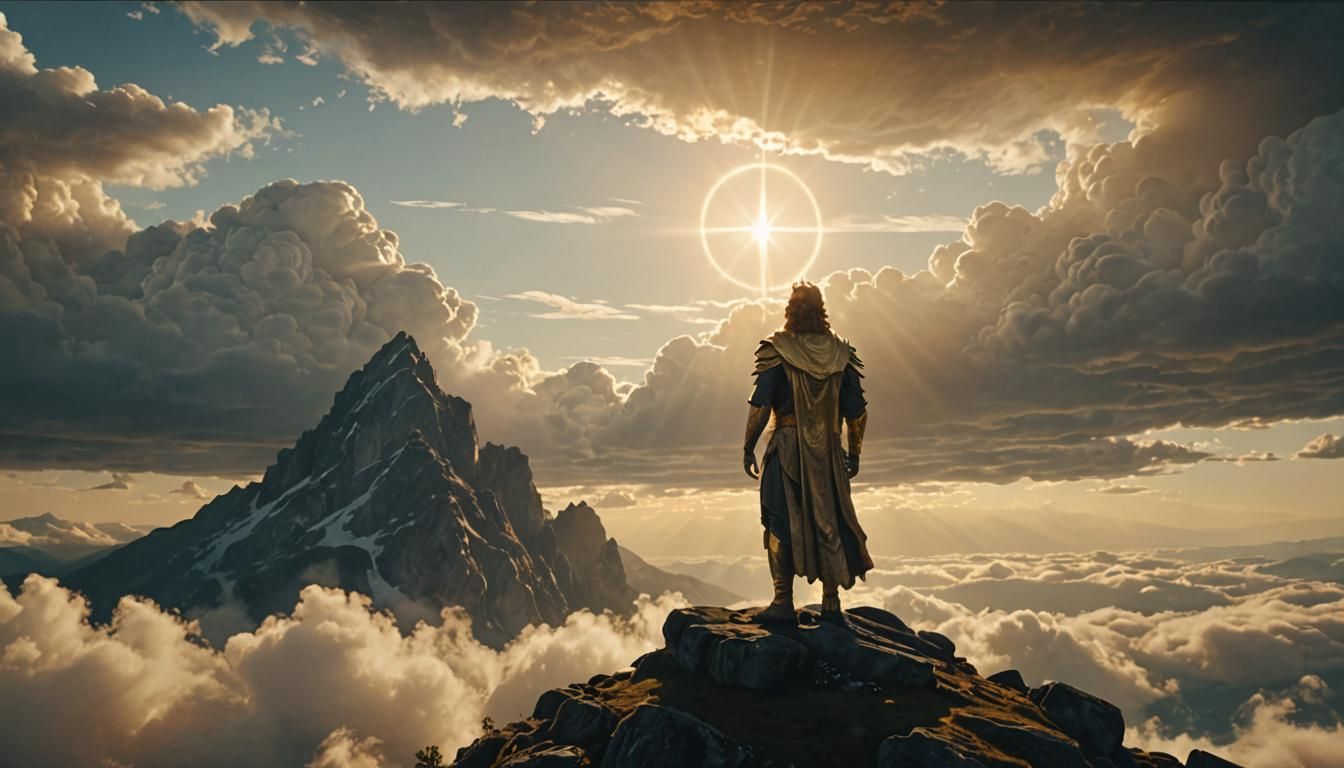 Deity on Mountain Peak at Golden Hour