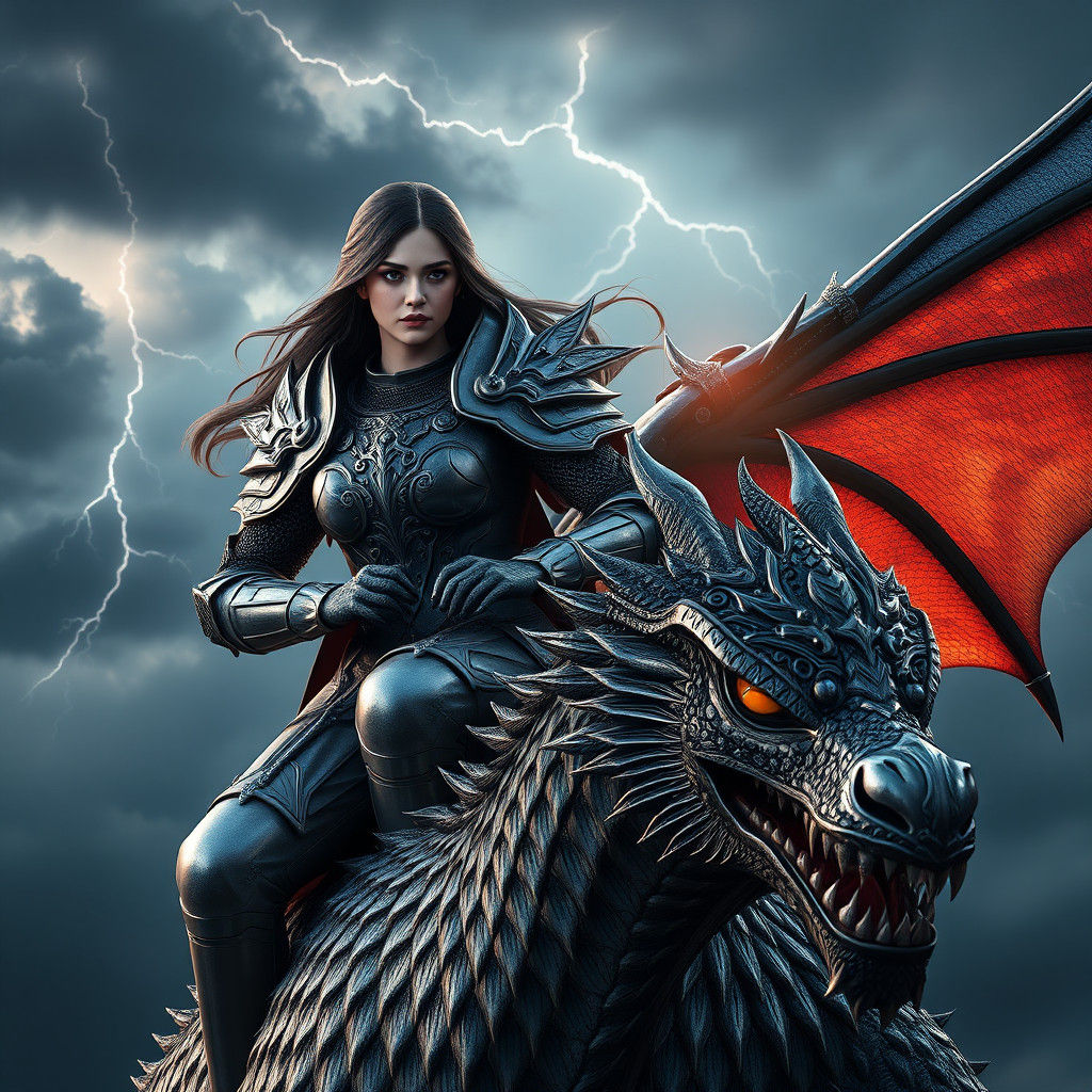 Knight on Dragon in Stormy Sky, Hyper-Realistic 3D Anime