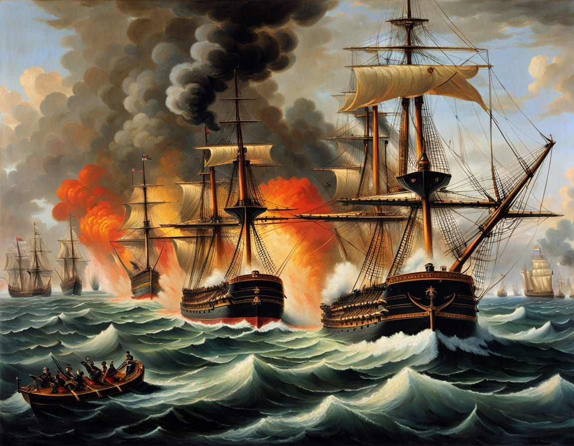Vibrant 19th-Century Naval Battle Scene in Historical Style