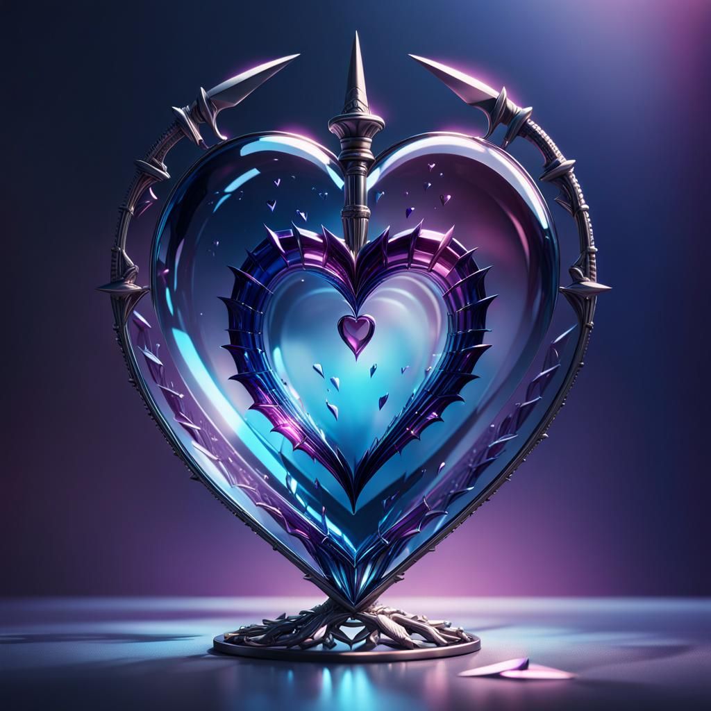 Glass Heart Surrounded by Daggers in Hyperrealistic Art