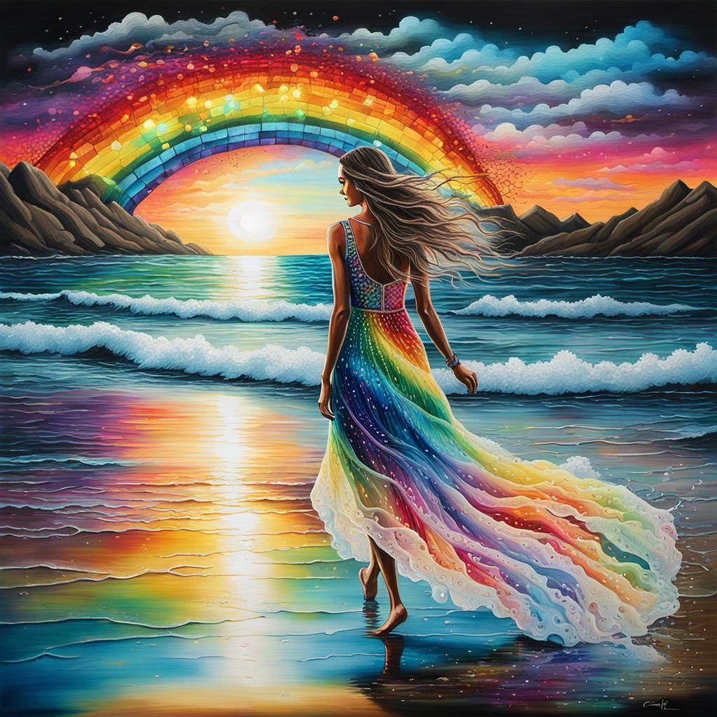 Rainbow Dress on the Shore: Graffiti Splash Art