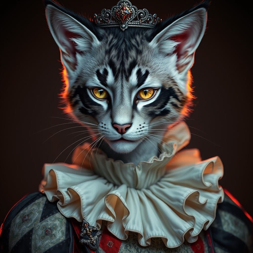 Regal Feline Queen in Whimsical Harlequin Style
