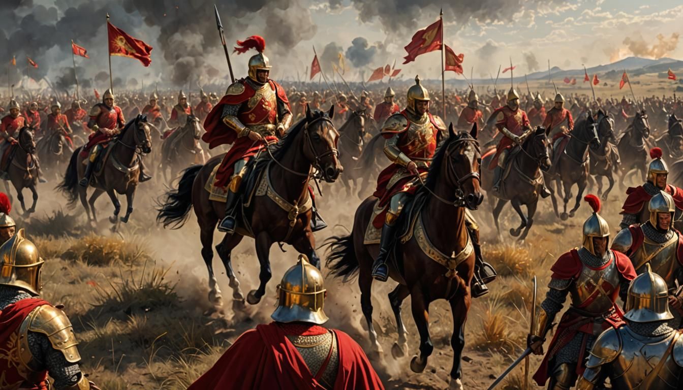 Cavalry Charge Across Battlefield in Red and Gold