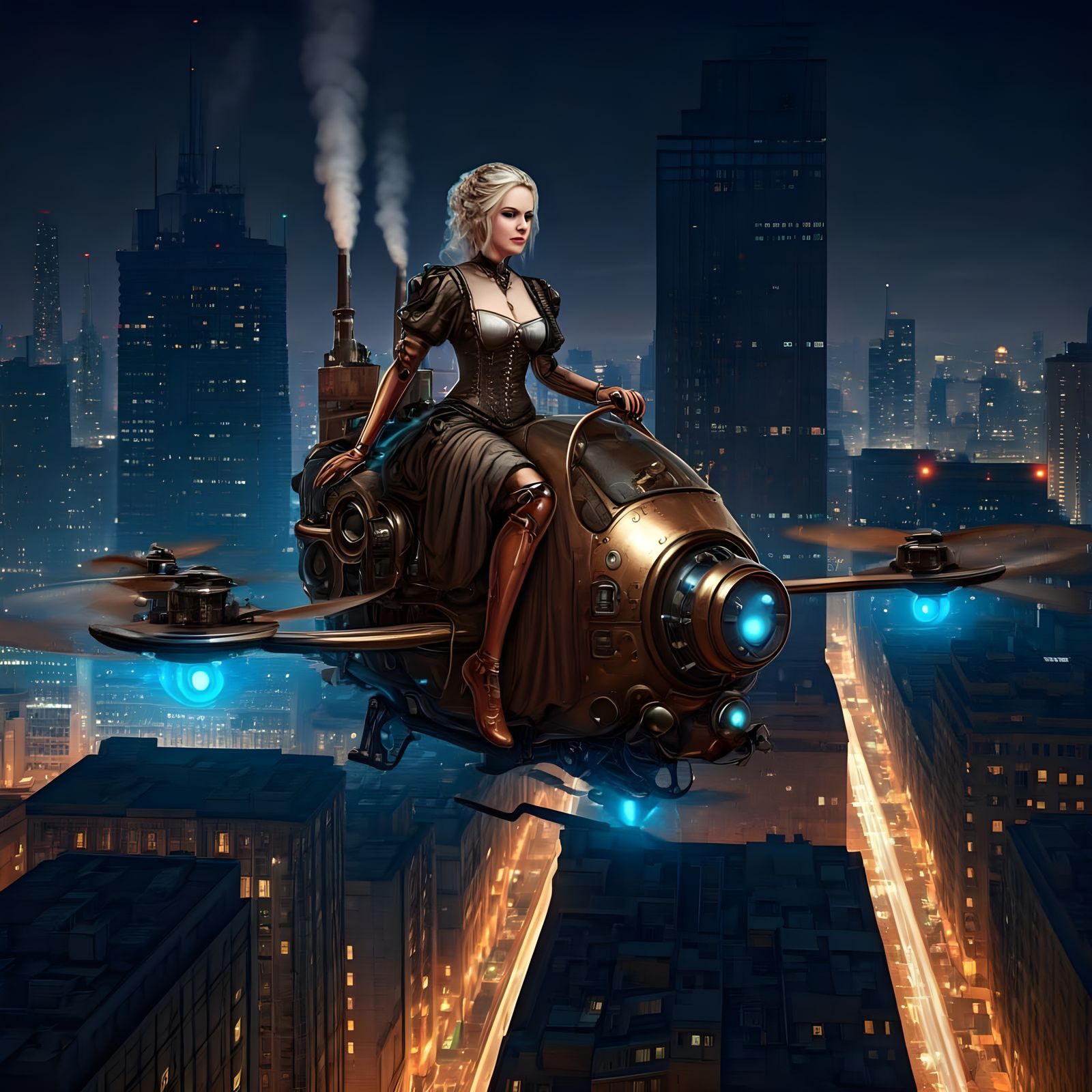 Steampunk Android Pilot in Metropolis Nightscape